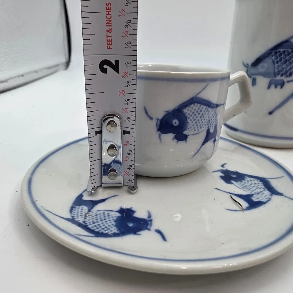 Pier 1 Blue White Koi Fish Ceramic Tea Tumblers and Espresso Cup Saucer Set